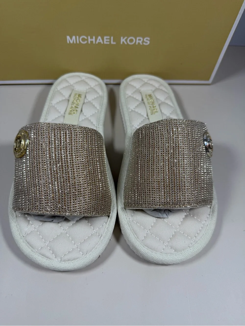 Michael Kors Gold Glitter Quilted Slide Sandals
